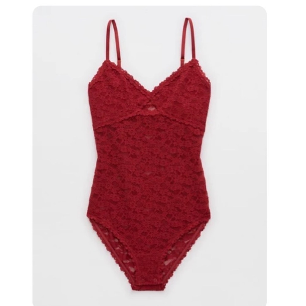 aerie Show Off Vintage Lace Cutout V‑Neck Bodysuit XXL in Burgundy